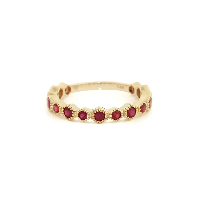 vintage wedding rings for men with rubies and sapphires-14k Gold x Ruby Semi-Eternity Hex Band