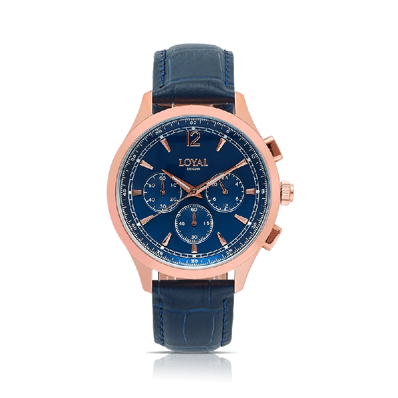 sport digital watches for men with real-time fitness tracking and GPS -Loyal Men's Enigma Rose PVD Quartz Chronograph Dress Watch Blue Dial