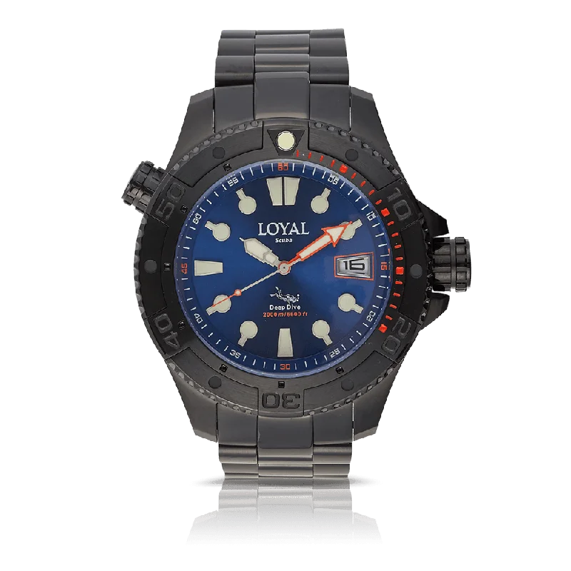 men's watches with high-tech tracking features and rugged designs -Loyal Men's Scuba Black Quartz Diver 2000m Watch Blue Dial