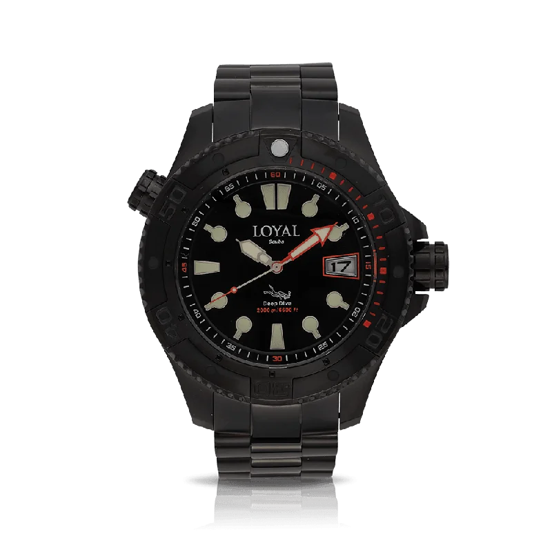 watches for women with slim, minimalist dials and stylish bands -Loyal Men's Scuba Black Quartz 2000m Diver Watch Black Dial