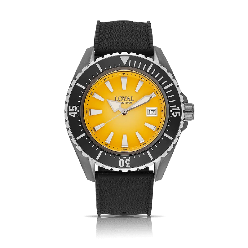 stylish sport watches for women with fitness and wellness tracking -Loyal Men's Adventurer Black PVD Quartz Diver Watch Yellow Dial