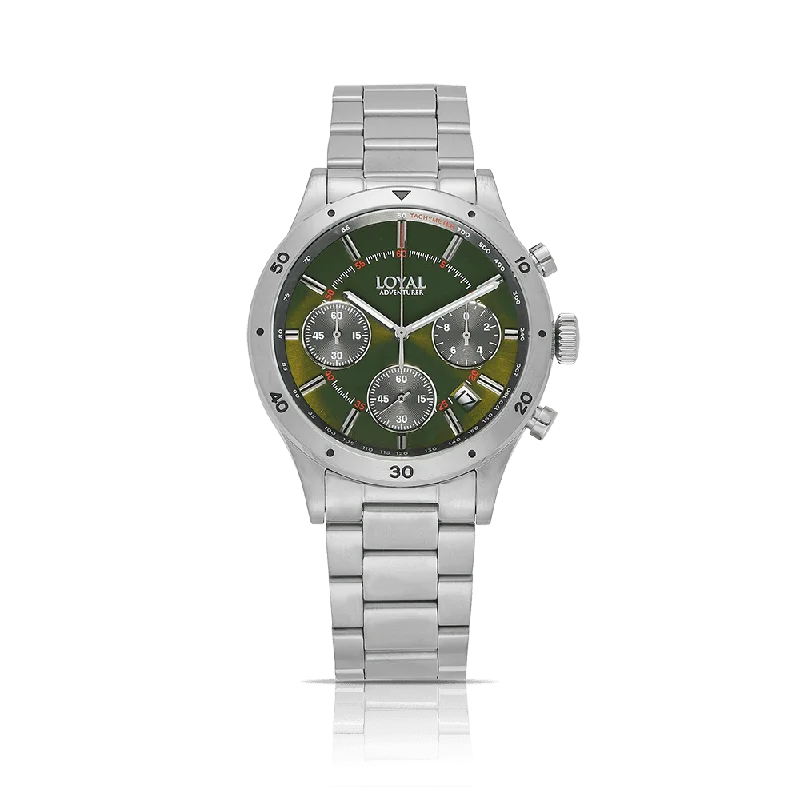 sport watches for men with customizable heart rate zones and tracking features -Loyal Men's Adventurer Stainless Steel Quartz Chronograph Sport Watch Green Dial