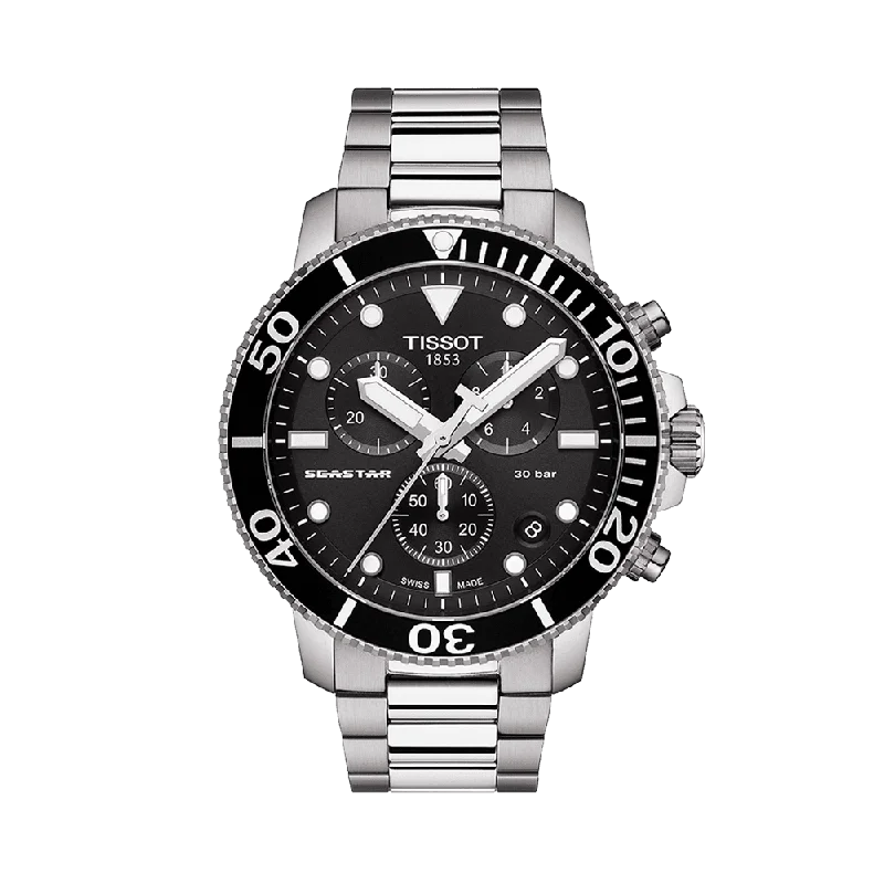 men's watches with classic designs and advanced technology -Tissot Men's Seastar Stainless Steel Quartz Chronograph Diver Watch Black Dial T120.417.11.051.00