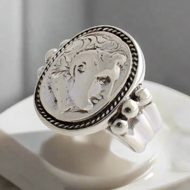 men’s wedding rings with sapphires for couples-Alexander the Great Portait Coin Ring in Sterling Silver (DT-102)