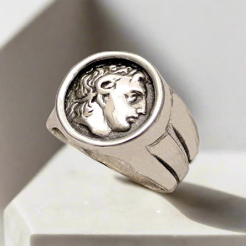 platinum rings with diamonds and sapphires for wedding-Alexander the Great Portait Coin Ring in Sterling Silver (DT-103)