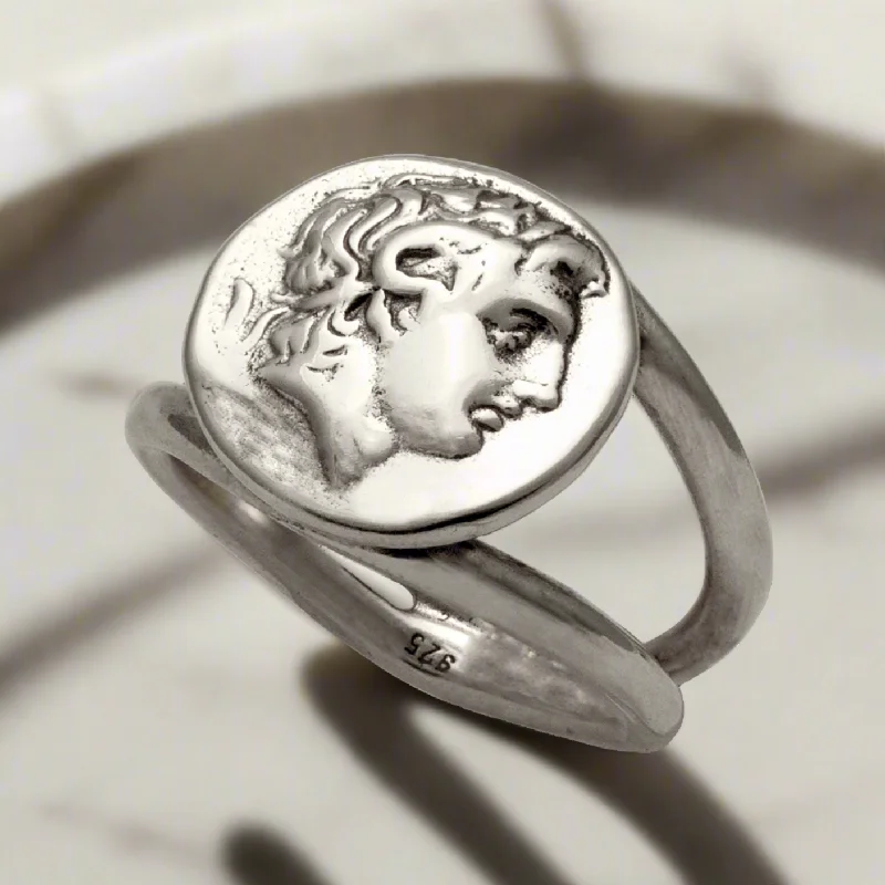 custom-made engagement rings for men with rubies and sapphires-Alexander the Great Portrait Coin Ring in Sterling Silver (DT-105)