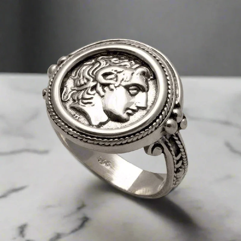 men’s rings with diamonds for wedding bands-Alexander the Great Portrait Coin Ring in Sterling Silver (DT-108)