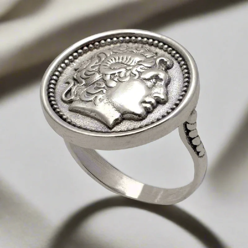 vintage engagement rings for women with diamonds and sapphires-Alexander the Great Portrait Coin Ring in Sterling Silver (DT-109)