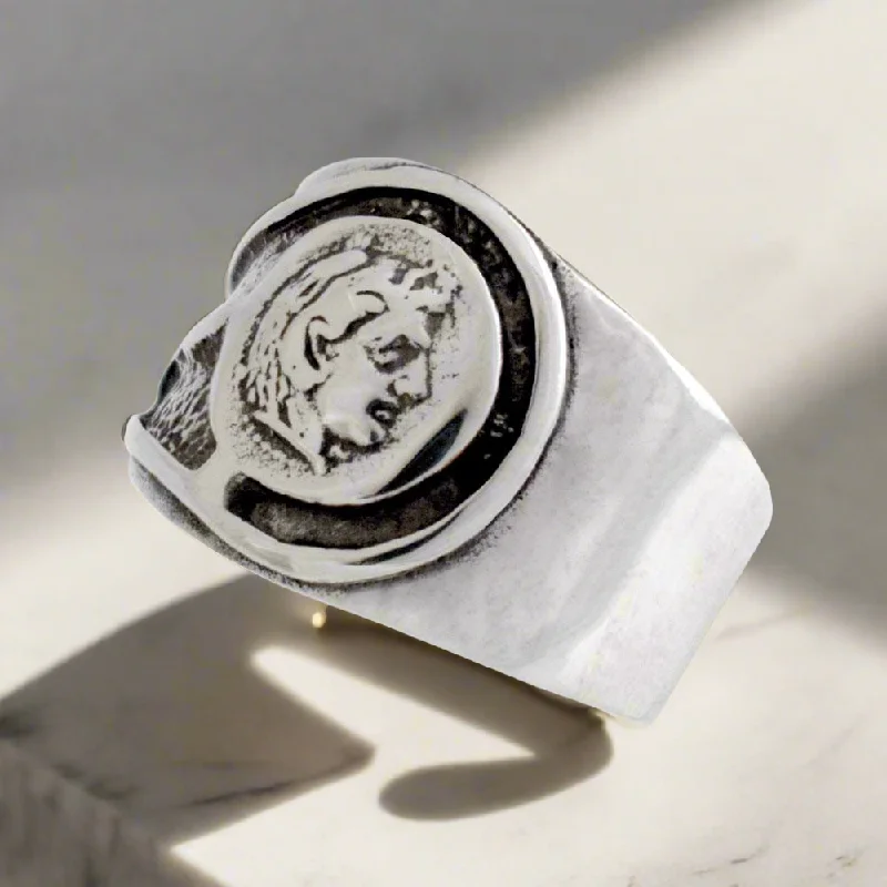 custom wedding bands for men with diamonds and rubies for engagement-Alexander the Great Portrait Coin Ring in Sterling Silver (DT-110)