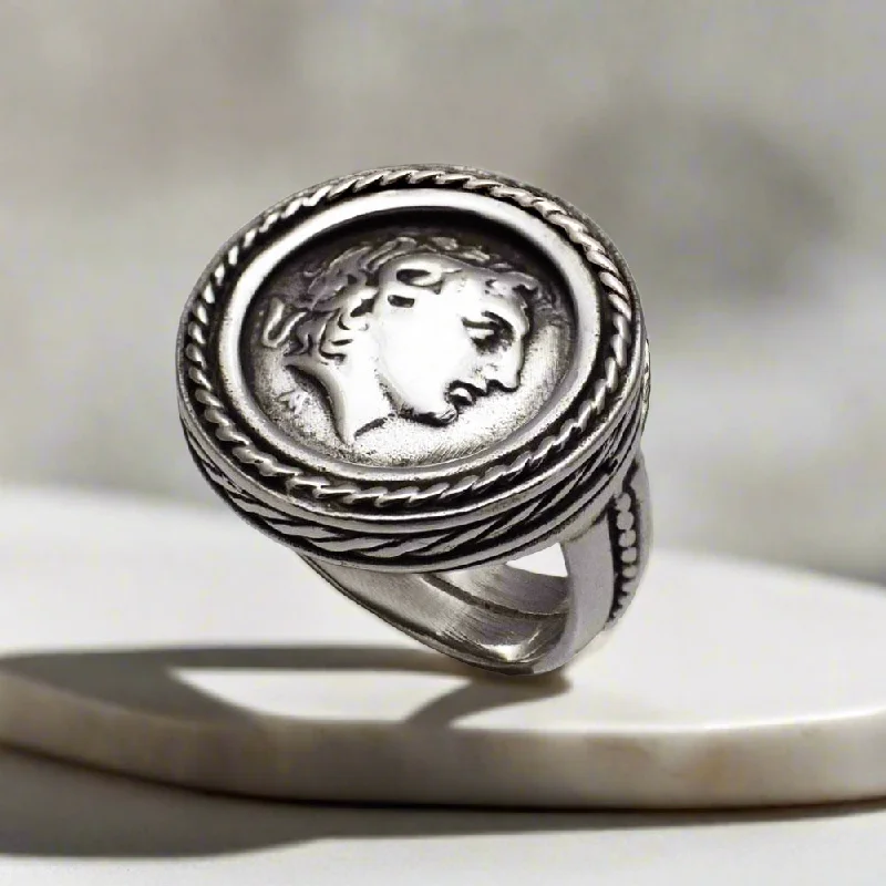 women’s engagement rings with sapphires and diamonds for couples-Alexander the Great Portrait Coin Ring in Sterling Silver (DT-114)