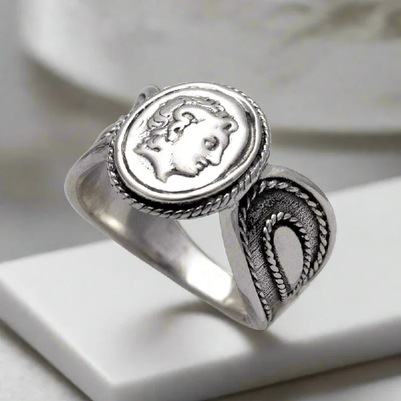 women’s rings with diamonds and emeralds for engagement-Alexander the Great Portrait Coin Ring in Sterling Silver (DT-106)