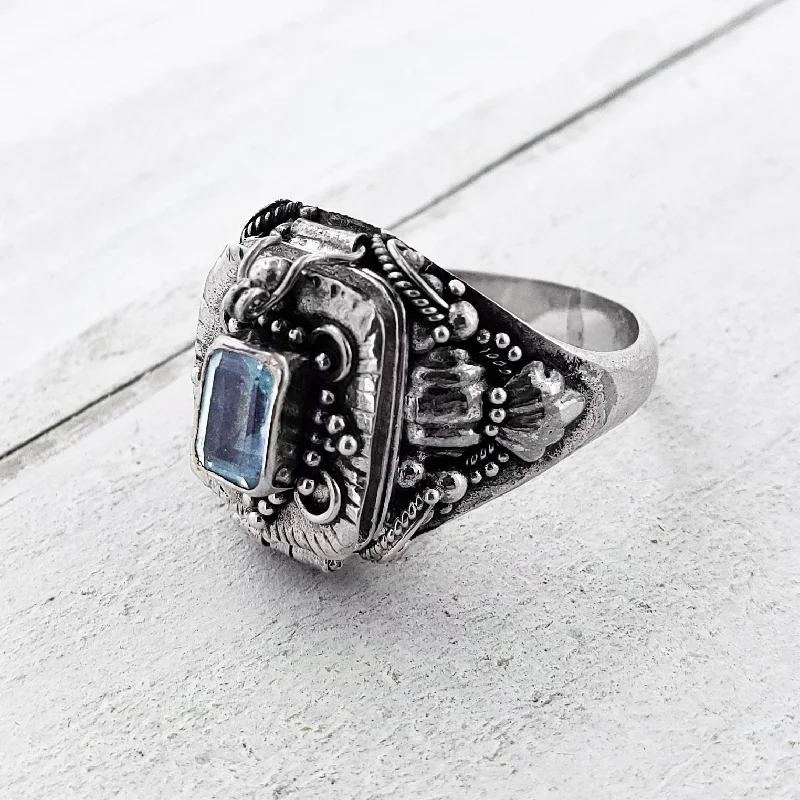 custom engagement rings with sapphires for men’s wedding-Rectangle-Cut Blue Topaz Poison Box Ring