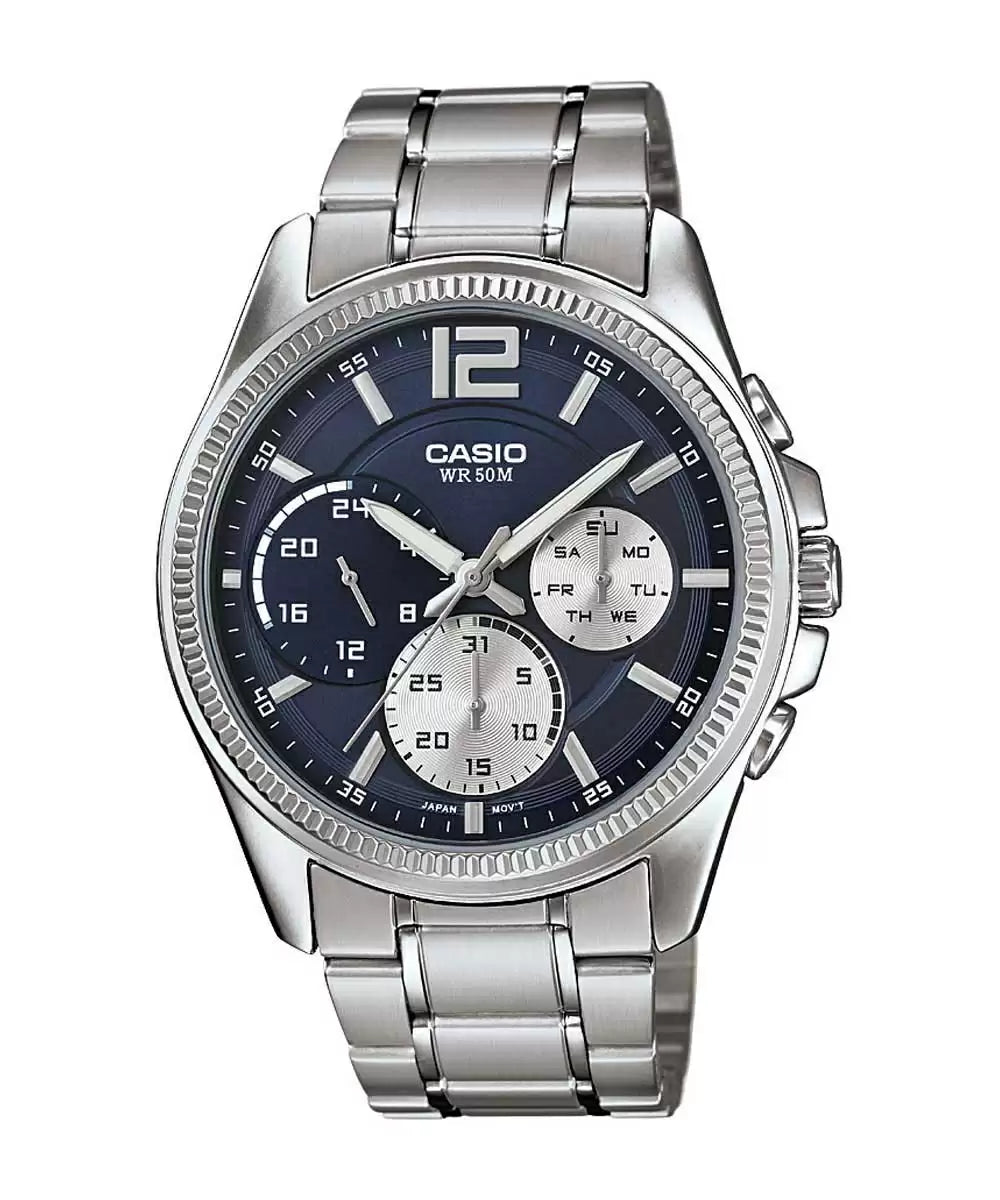 luxury women's watches with high-quality diamonds and gemstone markers -Casio Enticer Men's Blue Dial Analog Watch MTP-E305HD-2AVIF(A1660)