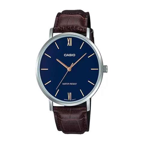 women’s watches with stainless steel cases and refined designs -Casio MTP-VT01L-2B Men's Minimalistic Blue Dial Brown Leather Band Analog Watch A1616