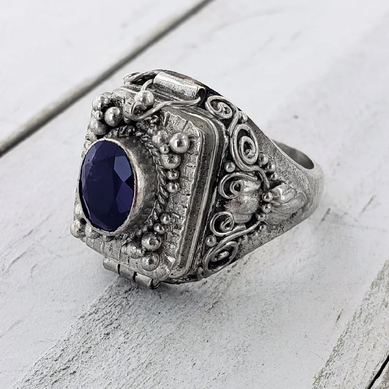 custom wedding rings for men with diamonds and rubies-Dark Amethyst and Sterling Silver Large Poison Locket Ring