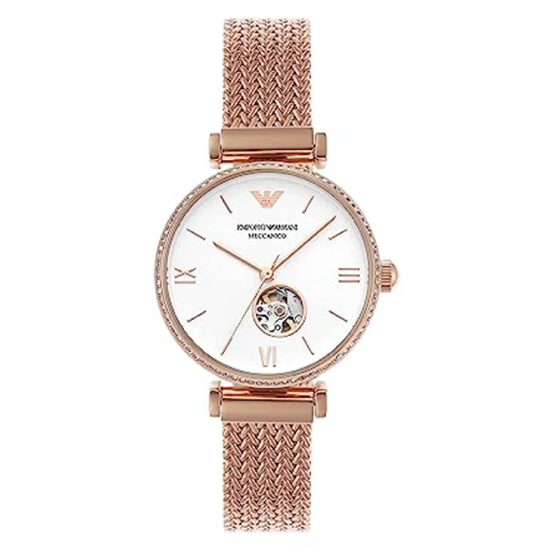 men's watches with leather straps and minimalist, modern designs -Emporio Armani Meccanico White Dial Women 34mm