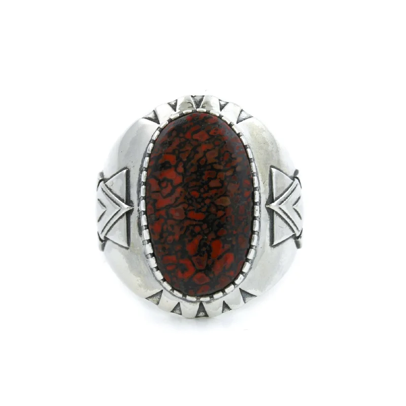 men’s rings with rubies and diamonds for engagement-Geometric "Alpha" Ring x Red Fossilized Dinosaur Bone by Kingdom