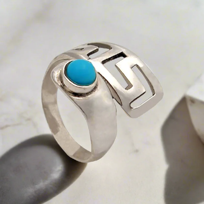 custom wedding bands for men with sapphires and diamonds-Greek Key Meander Ring in Sterling Silver with turquoise (DT-65)