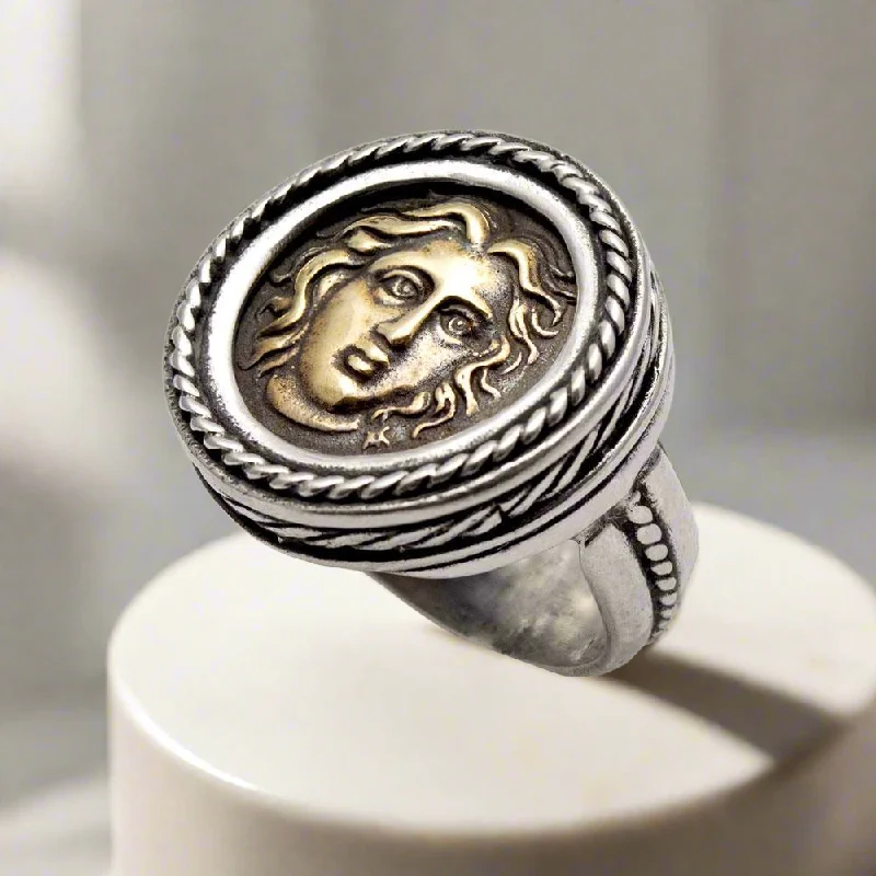 women’s engagement rings with sapphires for wedding-Helios ancient sun god and rose ring, Ancient Coinage of Rhodes, Art Nouveau Ring, Sterling silver Ring (DT-104)