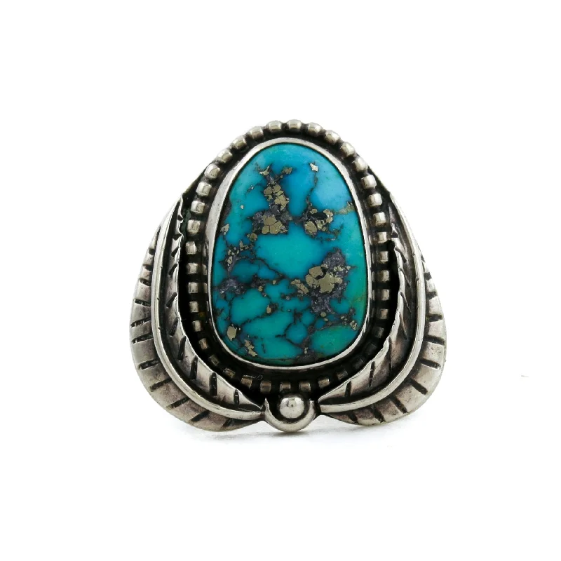 custom wedding rings for women with rubies and diamonds-Leaf Motif Turquoise Navajo Ring