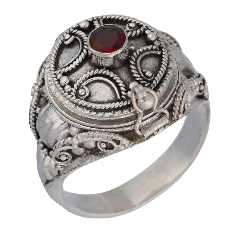 women’s custom rings with sapphires for engagement-Medieval Ringed Cross Poison Locket Sterling Silver and Garnet Ring