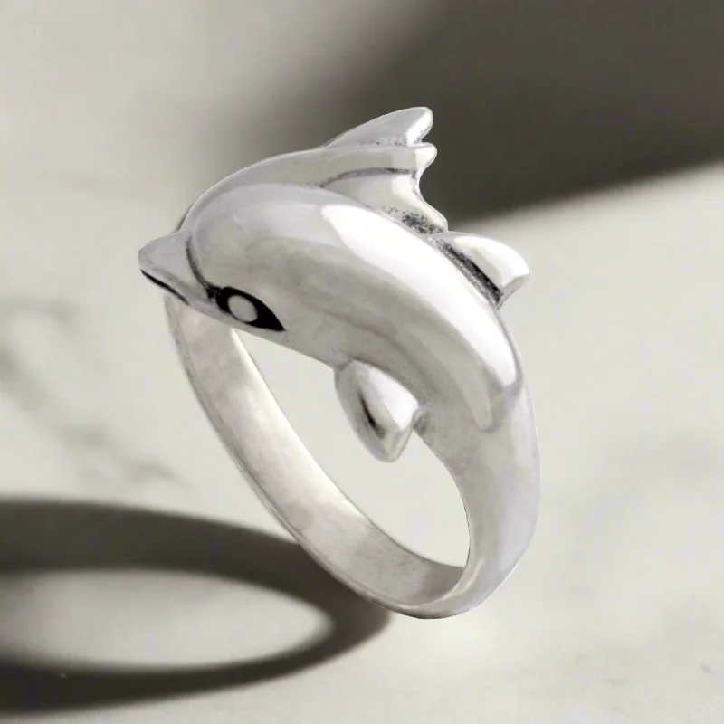 custom wedding rings for men with diamonds and sapphires-Minoan Dolphins Ring in Sterling Silver (DT-83)