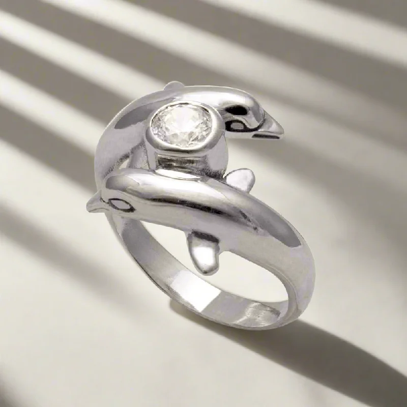 vintage engagement rings with diamonds for women-Minoan Dolphins Ring in Sterling Silver (DT-85)