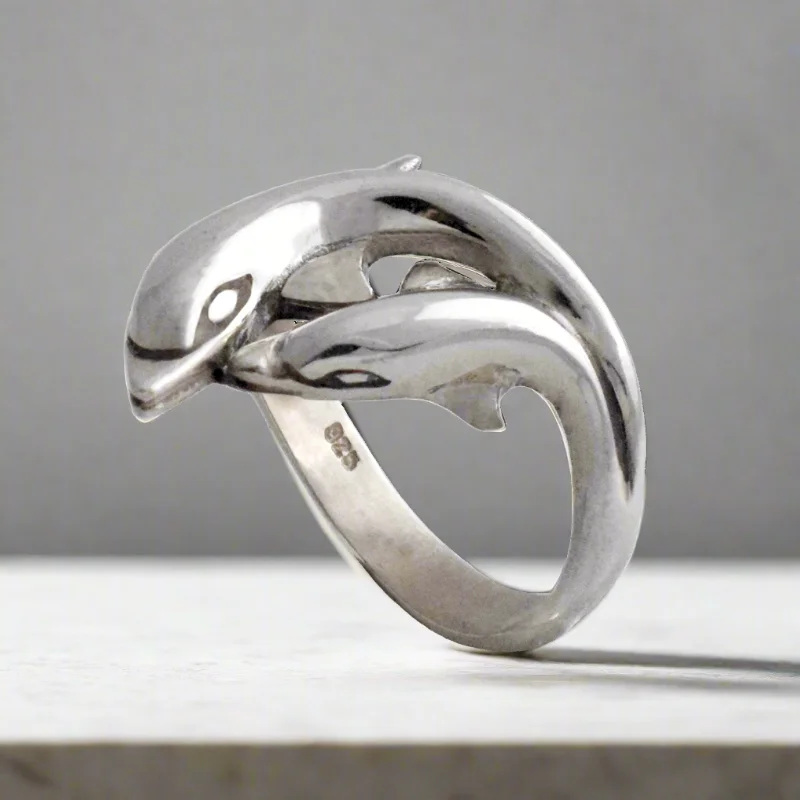 platinum engagement rings with diamonds for women’s engagement-Minoan Dolphins Ring in Sterling Silver, womens jewelry (DT-80)