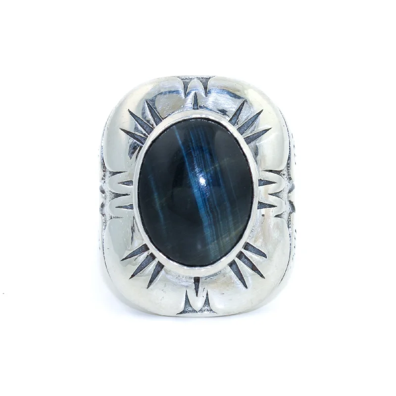 custom platinum rings with diamonds and sapphires for women-Remarkable "Grand Hoa" Ring x Blue Tiger's Eye by Kingdom