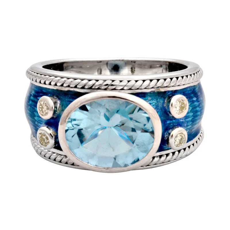 women’s wedding rings with diamonds and sapphires for engagement-Ring-Blue Topaz and Diamond (Enamel)