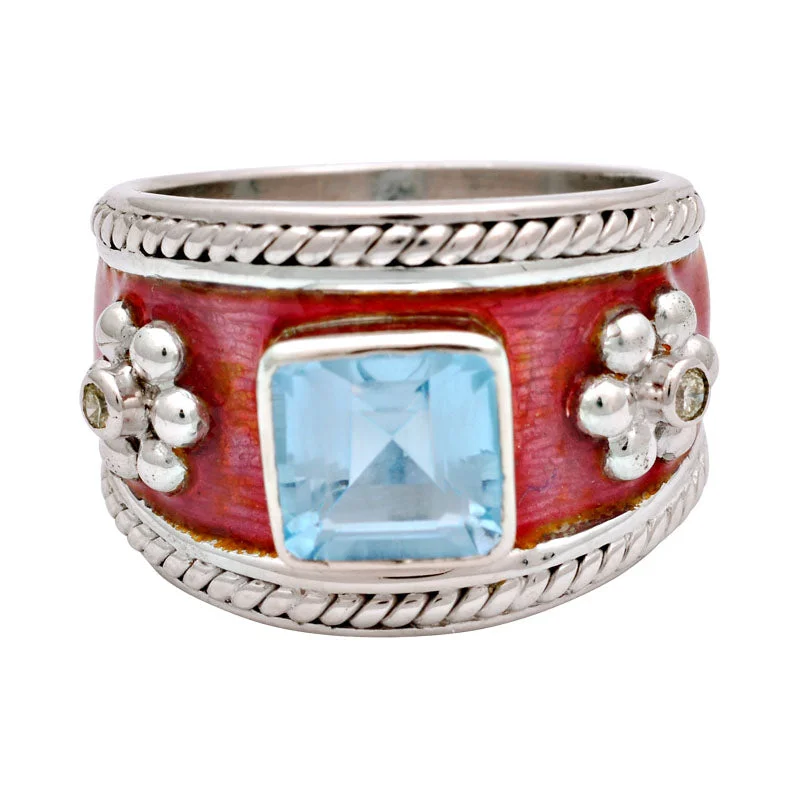 custom wedding rings for women with rubies and diamonds-Ring-Blue Topaz and Diamond (Enamel)