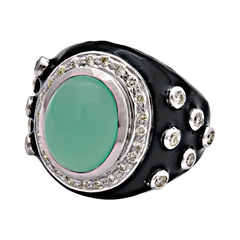 women’s platinum wedding rings with diamonds and sapphires-Ring-Chrysoprase and Diamond (Enamel)