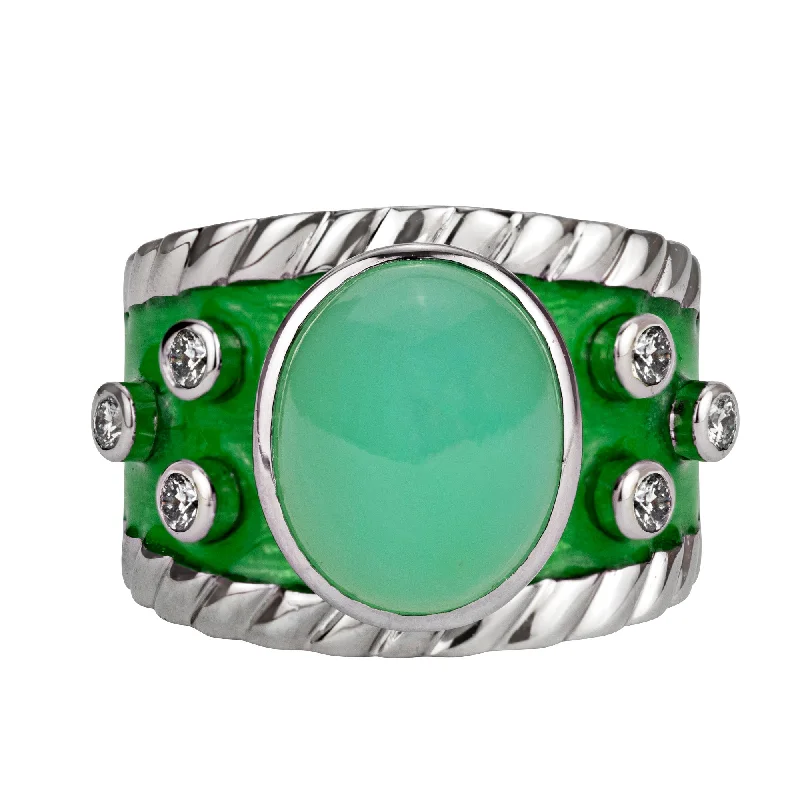 men’s rings with diamonds and sapphires for wedding-Ring - Chrysoprase And Diamond (enamel)