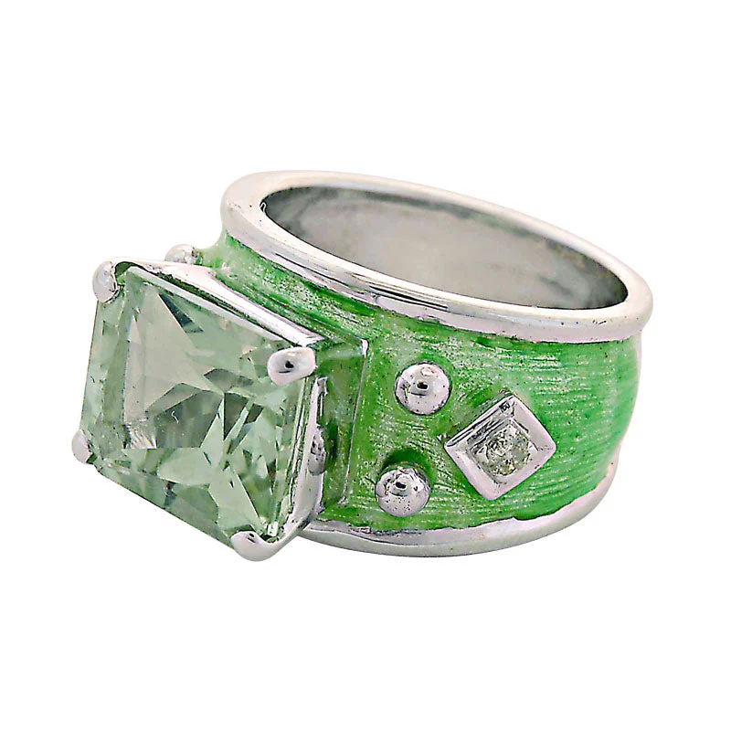 women’s custom engagement rings with sapphires and diamonds-Ring-Green Quartz and Diamond (Enamel)