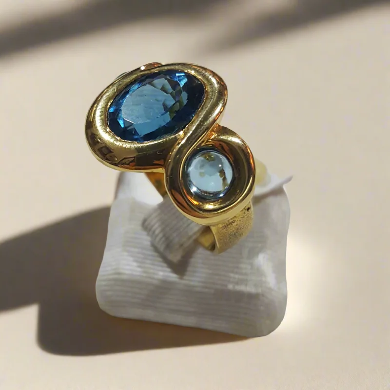 women’s custom rings with diamonds and rubies-Ring in 18k Gold with a London Blue Topaz & Aquamarine Cabochon