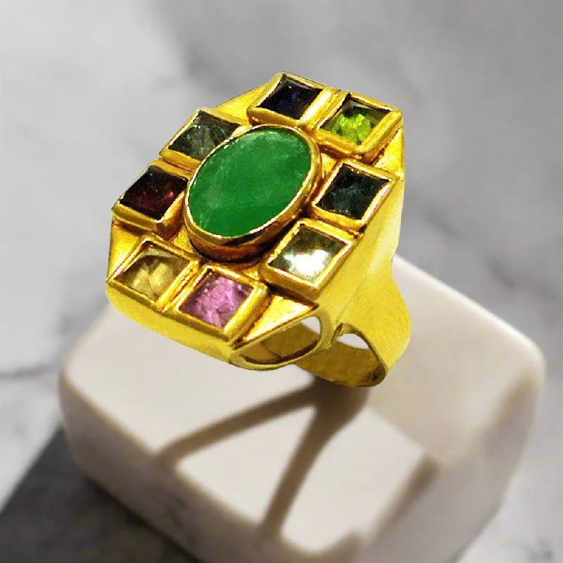 custom wedding rings for women with diamonds and sapphires-Ring in 18k Gold with a Zambian emerald and pyramid cut tourmalines (B-06)