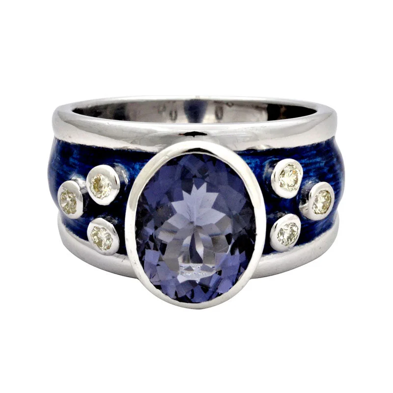 men’s platinum wedding rings with diamonds for engagement-Ring-Iolite and Diamond (Enamel)