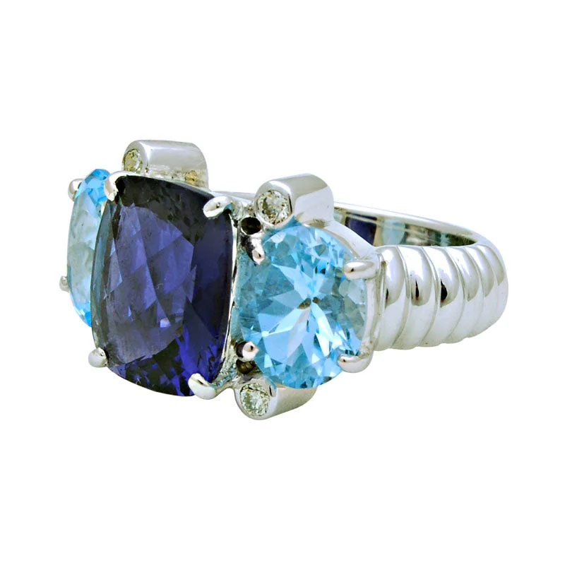 men’s rings with diamonds and sapphires for engagement-Ring-Iolite, Blue Topaz and Diamond