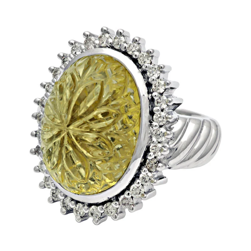 platinum engagement rings for women with rubies and diamonds-Ring-Lemon Quartz and Diamond