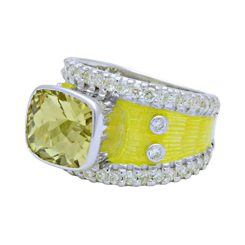 custom-made engagement rings for women with diamonds-Ring-Lemon Quartz and Diamond (Enamel)