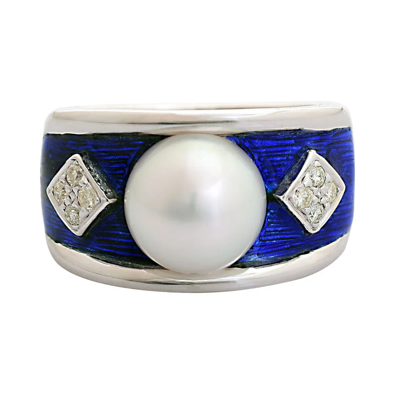 platinum wedding bands for men with diamonds and sapphires-Ring-South Sea Pearl and Diamond (Enamel)