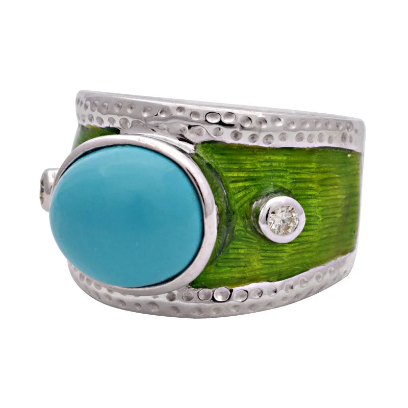 vintage rings for women with diamonds for engagement-Ring-Turquoise and Diamond (Enamel)