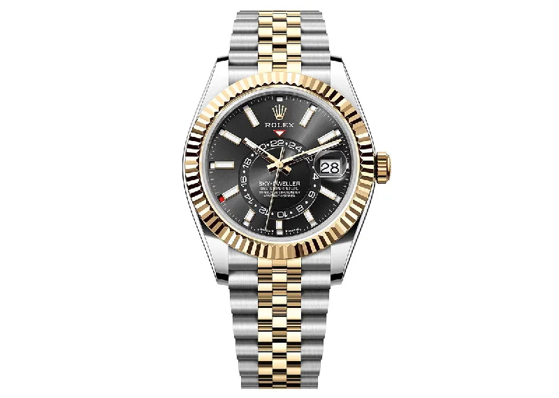 men's watches with vintage design and leather straps -Rolex Sky-Dweller 42mm 336933 Two-Tone Jubilee Bright Black Dial