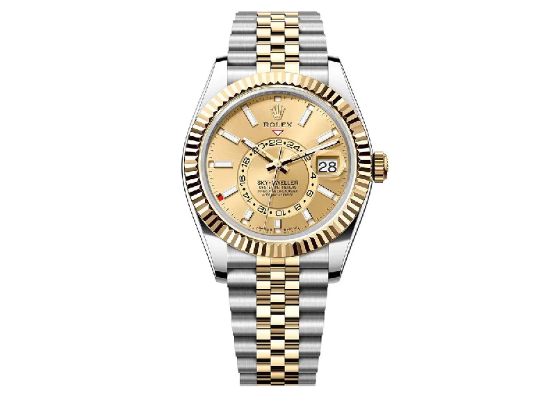 men's watches with automatic movement and classic design -Rolex Sky-Dweller 42mm 336933 Two-Tone Jubilee Champagne Dial