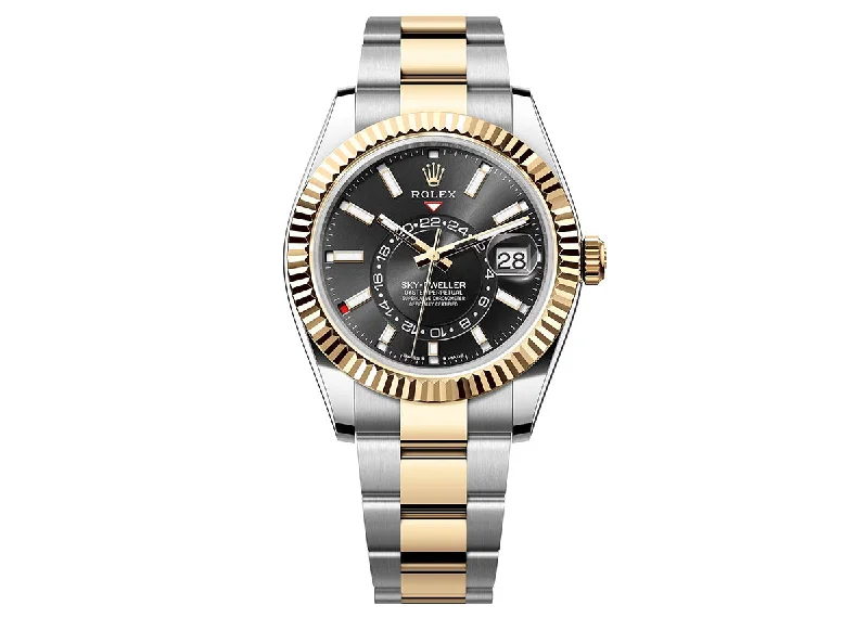 men's watches with durable silicone bands and multi-functional features -Rolex Sky-Dweller 42mm 336933 Two-Tone Oyster Bright Black Dial