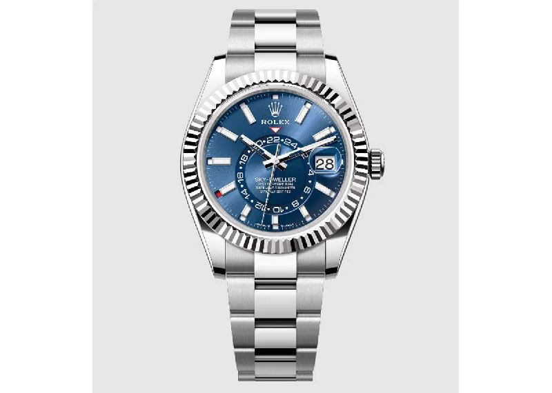 men's watches with titanium cases and sleek design elements -Rolex Sky-Dweller 42mm 336934 Oystersteel Fluted Bright Blue Dial