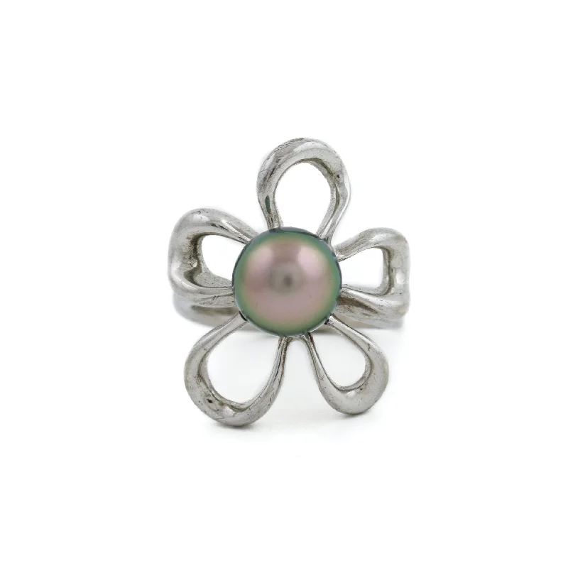 platinum rings with rubies and diamonds for engagement-Silver x 9mm Tahitian Black Pearl Floating Plumeria Ring