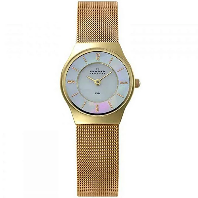 smartwatches for men with customizable watch faces and fitness tracking -Skagen Gold Tone Mesh Analog Mother of Pearl Dial Women's Watch-233XSGG