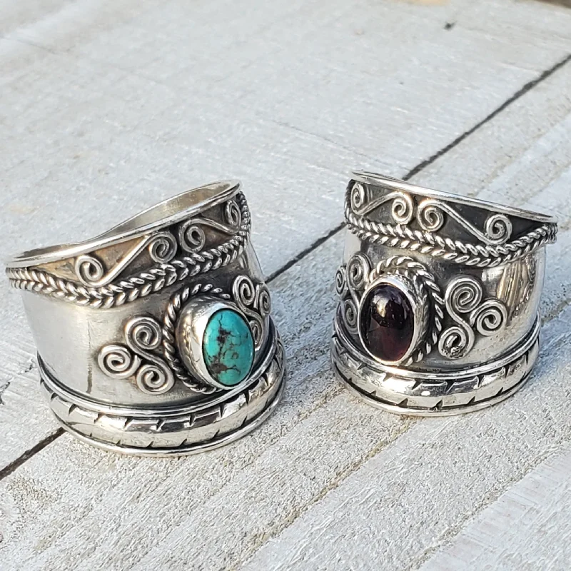 women’s platinum rings with sapphires and diamonds for wedding-Solid Sterling Silver Cigar Band Ring with Gemstone | Garnet or Turquoise