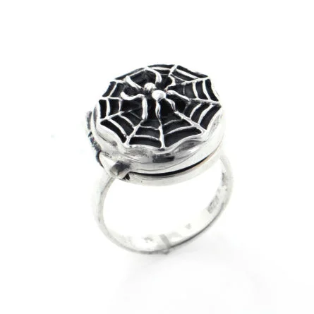 custom engagement rings for women with rubies and diamonds-Spider hiding on Spiderweb Locket Poison Ring Sterling Silver